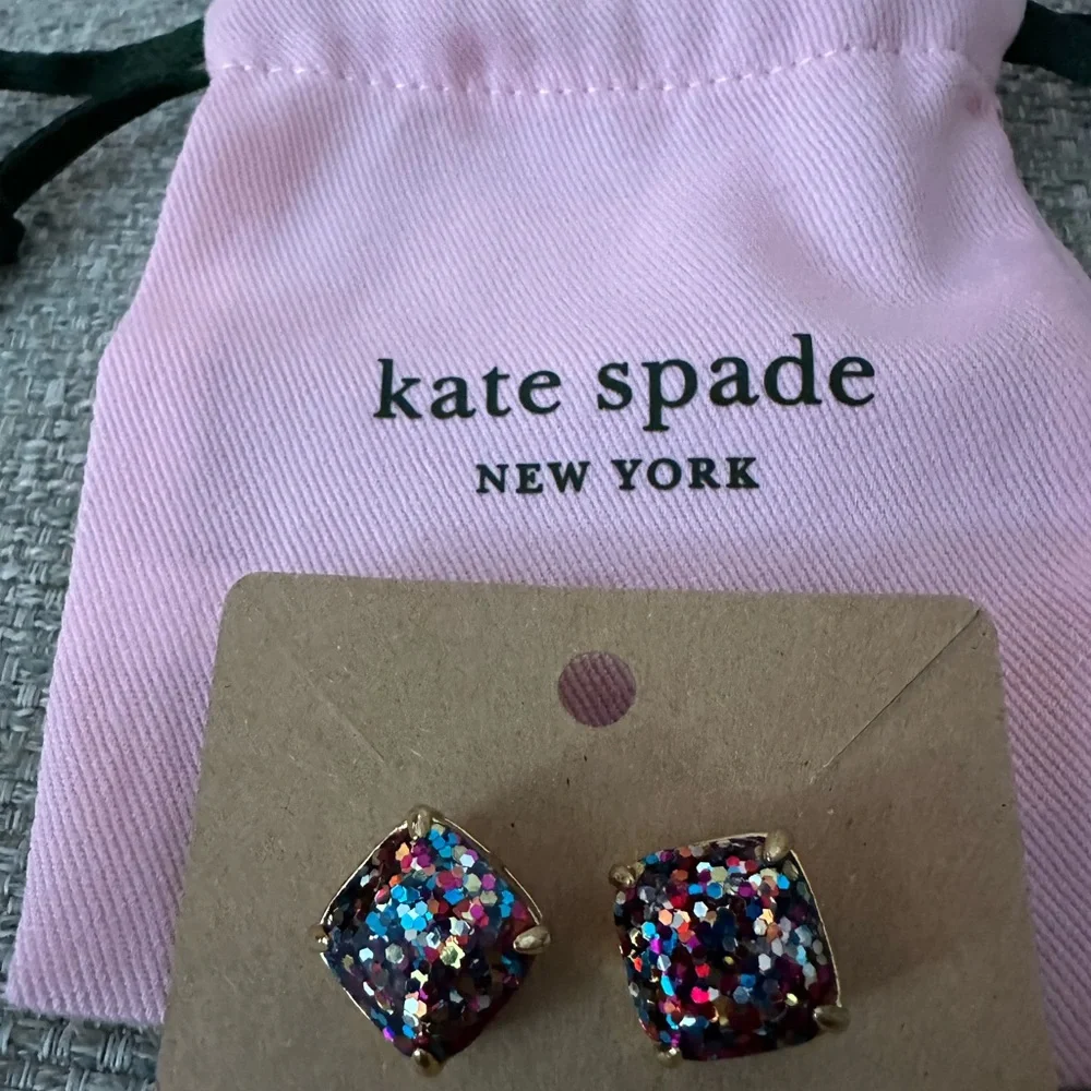 Kate Spade Multicolor Square Glitter Stud Earrings | Gold Setting - Dust Bag